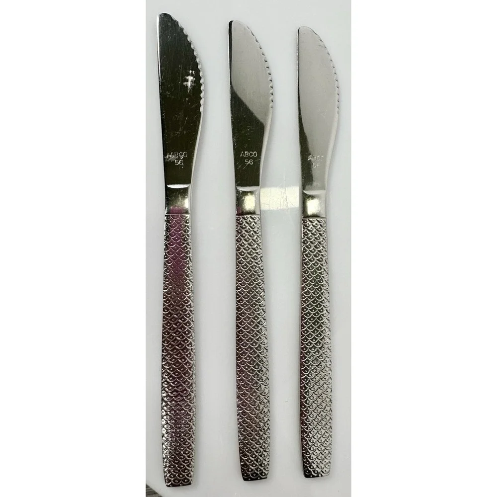 United Airlines Serrated Butter Knifes (3) Cutlery Stainless Logo ABCO Vintage